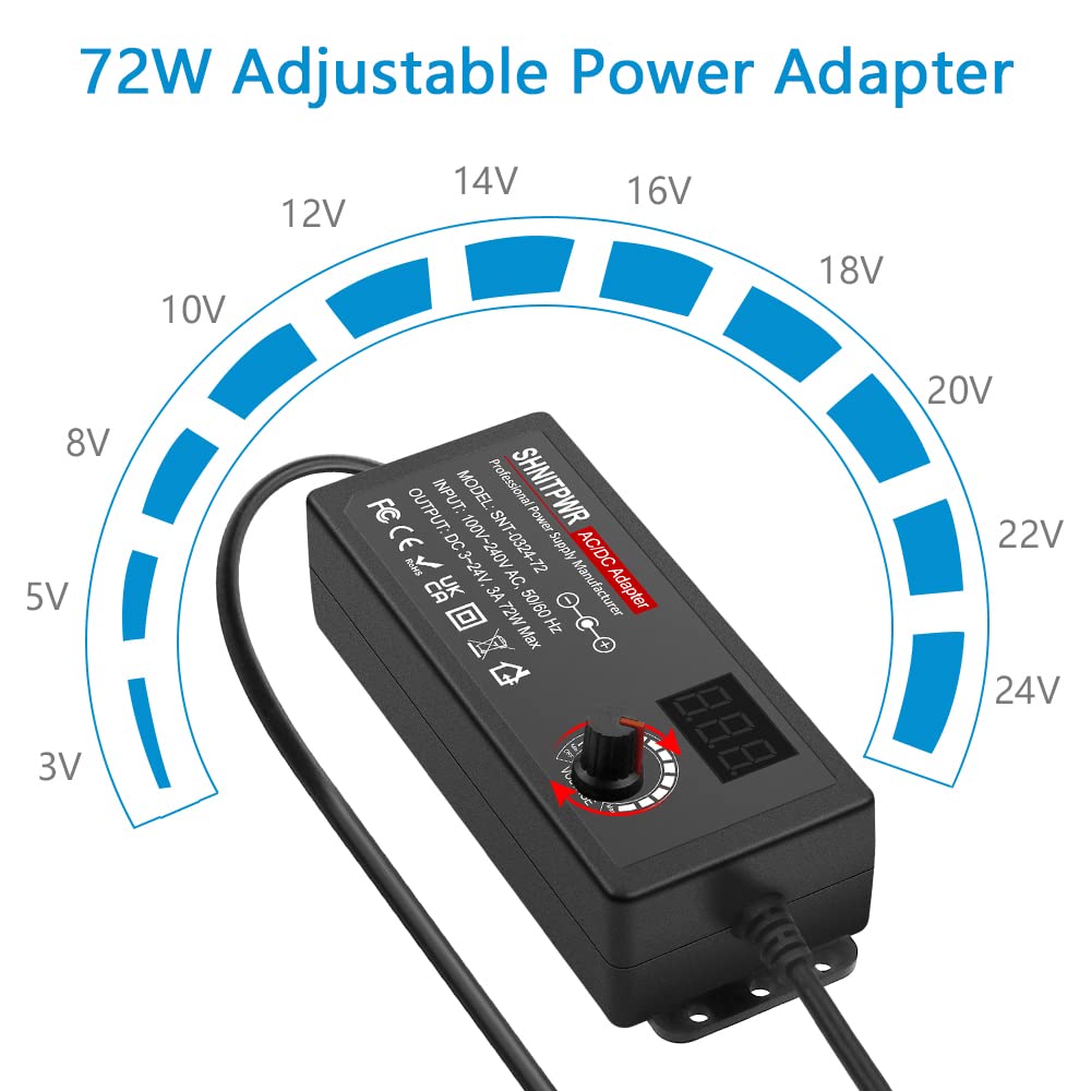 SHNITPWR 72W Adjustable Power Supply โ 3V-24V 3A Universal AC/DC Adapter 100-240V to DC Converter with 14 Tips for Multiple Devices