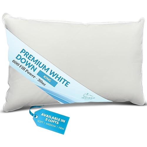 East Coast Bedding Luxury Duck Down Pillow - White Duck Down Pillow with 600 Fill Power, 400 Thread Count, 100% Cotton Cover - Medium Pillows for