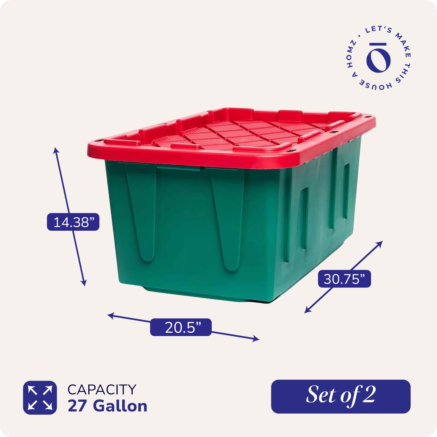 HOMZ 2-Pack Durabilt, Heavy Duty Plastic Storage Bins with Lids, 27 Gallon, Green/Red - Stackable Container Boxes for Holiday, Attic, and Garage…