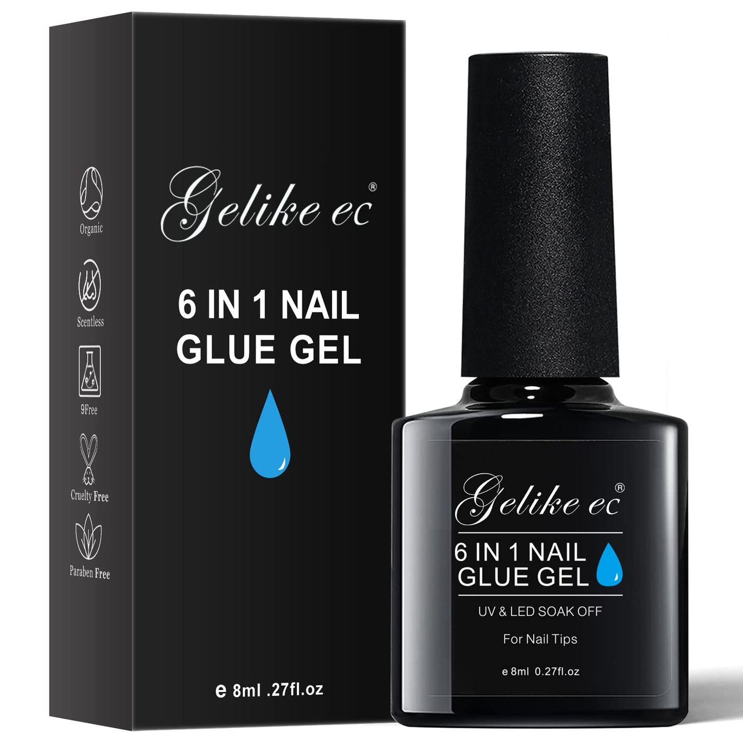 Gelike EC Gel Nail Glue for Press On Nails: 6 in 1 Strong UV Nail Glue for Nail Tips and Acrylic Fake Nail - Long Lasting 28 Days Quick Dry - Beginner