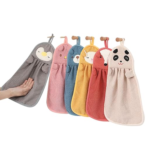 Snadulor 6 Pcs Cute Animal Kids Hand Towels with Hanging Loop Bathroom Hand Bath Towel Kitchen Towels for Home Kitchen Bathroom