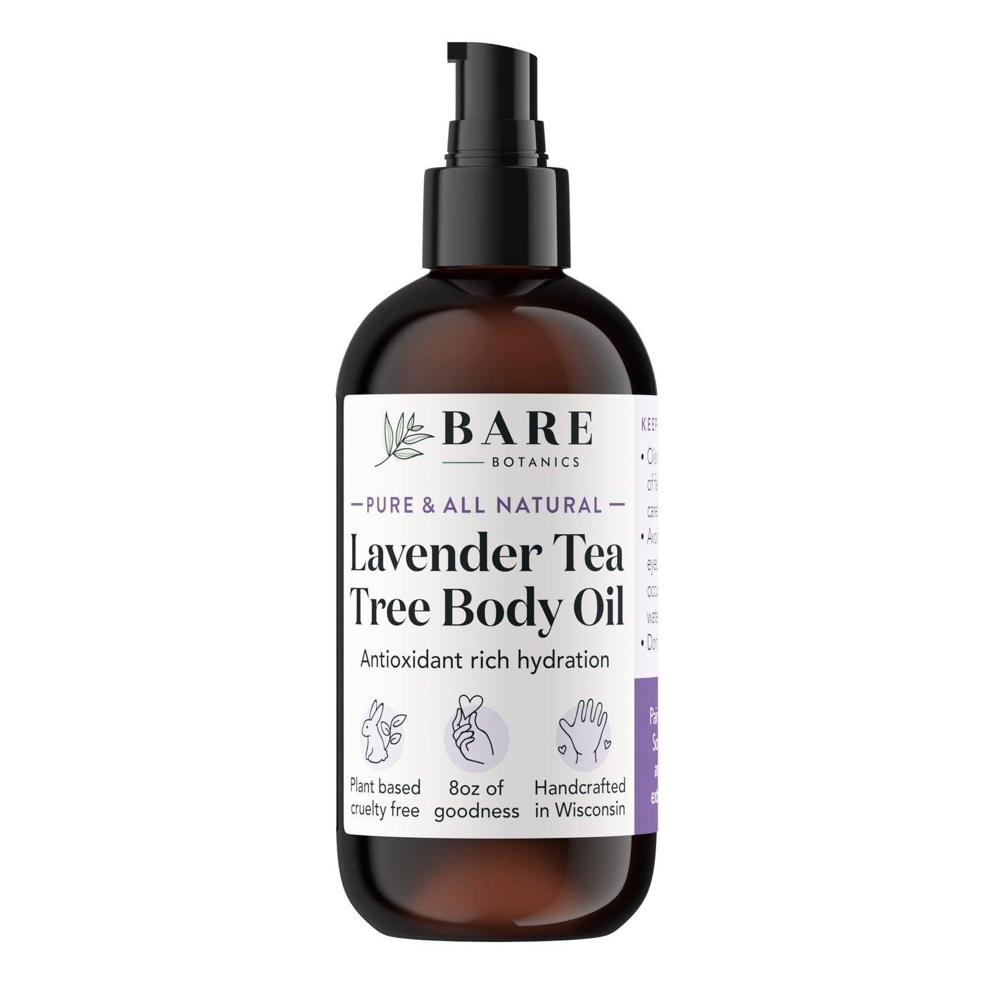 BARE BOTANICS 8 oz Moisturizing Lavender Tea Tree Body Oil - 100% Pure & Natural for Skin & Nails - Perfect for Moisturization - Vegan, Cruelty Free