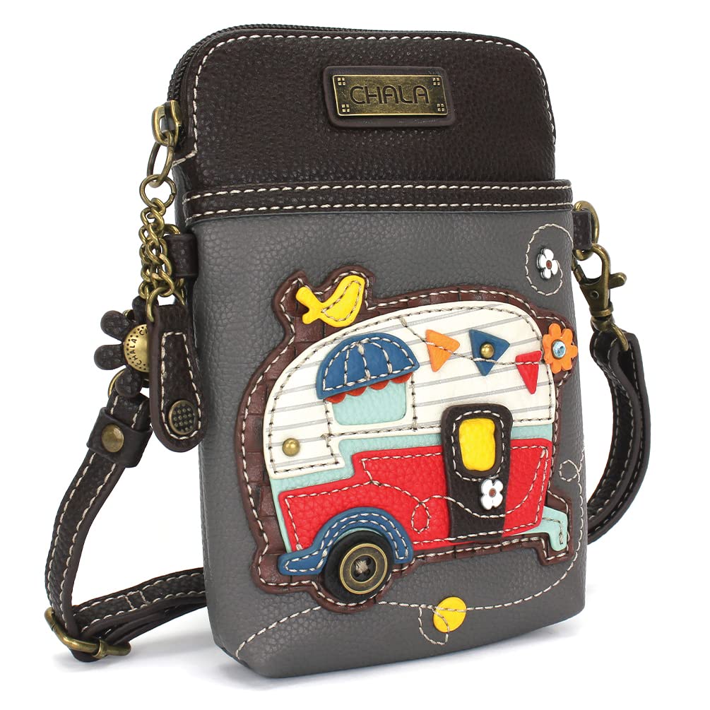CHALA Adventure Collection Cell Phone Crossbody Purse-Women PU Leather/Canvas Multicolor Handbag with Adjustable Strap - Camper - gray