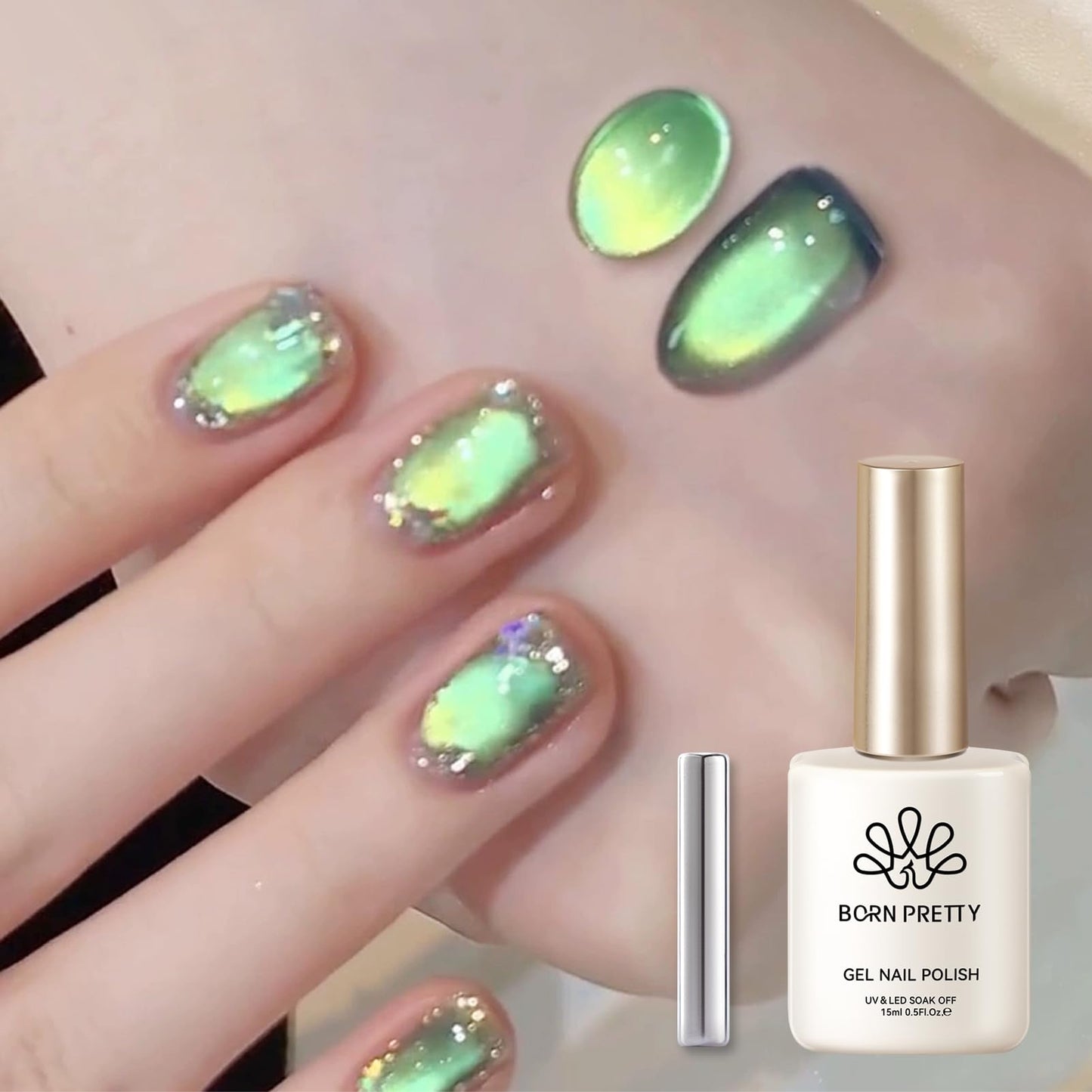 Born Pretty Cat Magnetic Gel Nail Polish, Green Gel Polish Crystal Cat Holographic Magnetic Nail Polish Nail Art Manicure Salon DIY at Home 15ML Beauty and Personal Care Born Pretty Default Title