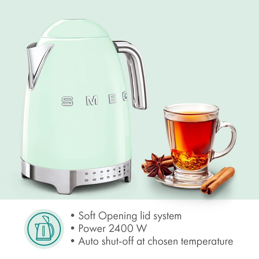 SMEG 7-Cup Variable Temperature Electric Kettle - Retro Style Aesthetic with Advanced Technology - Stainless Steel, 1400W, 120V, 360° Swivel Base…