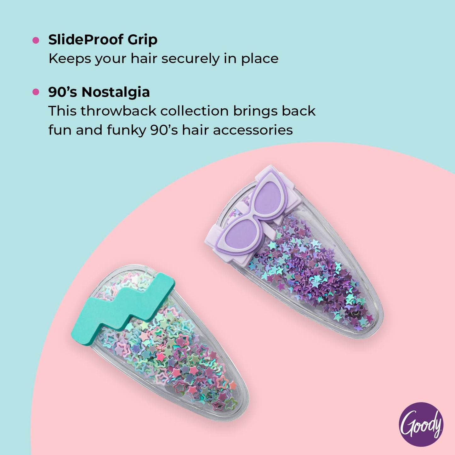 Goody Kids Slideproof Hair Snap Clips - 2 Count, Nostalgia Glitter - Just Snap Into Place - Hinge Clips Suitable for All Hair Types - Pain-Free Hair