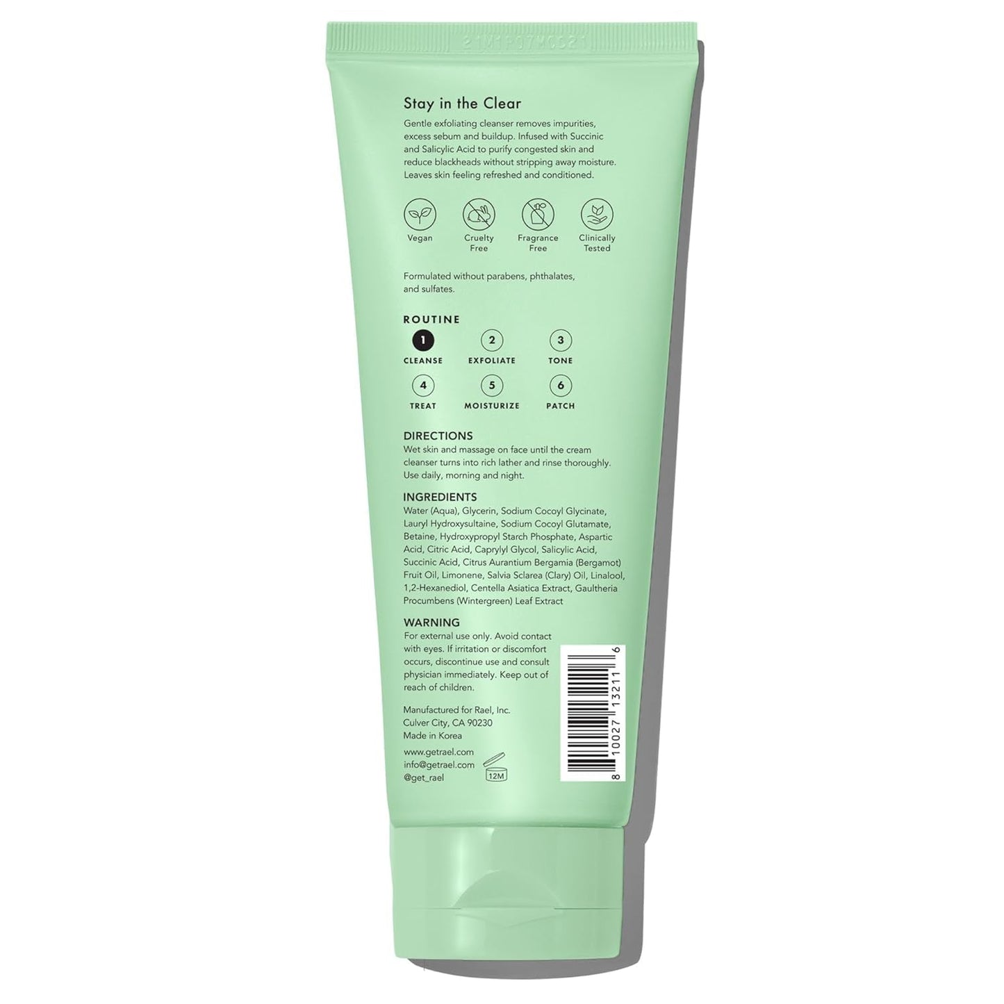 Rael Miracle Clear Face Wash 5 oz – Gentle Exfoliating Cleanser with Succinic Acid & Minerals, Hydrating Daily Formula for Acne-Prone & Sensitive Skin