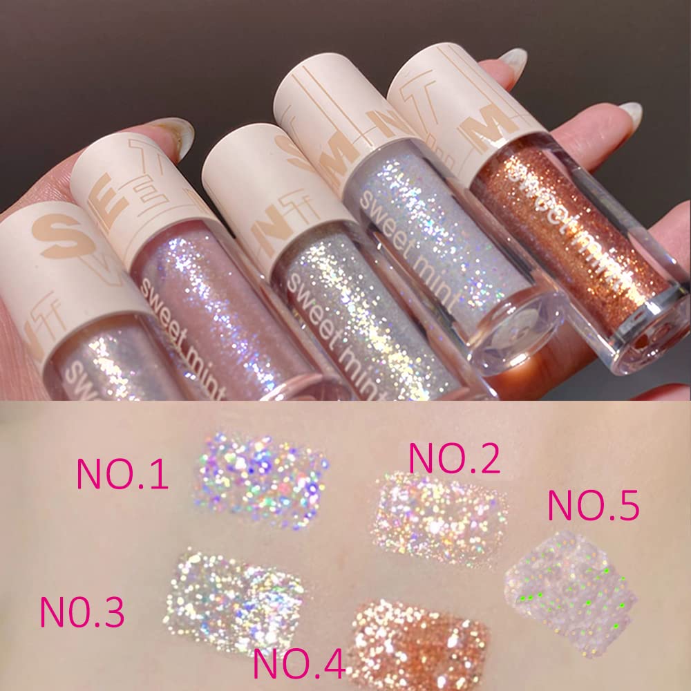 Aolailiya 5pcs Liquid Glitter Eyeshadow set- Sparkling Metallic High Pigmented Glitter Eye Shadow Korean Crystals Makeup, Quick Drying Long Lasting