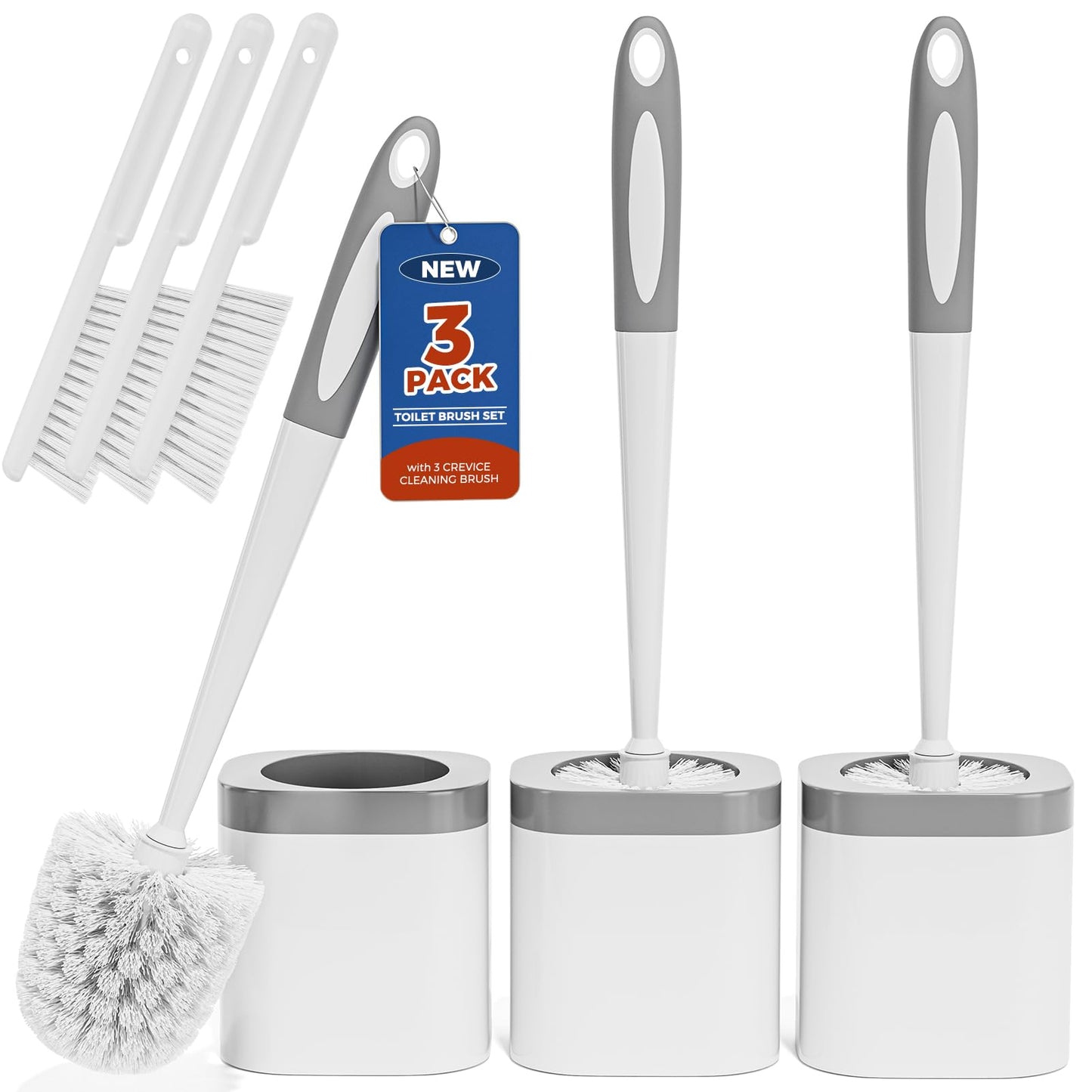 Holaloha 3 Pack Toilet Brush and Holder Set – Bathroom Accessories with Crevice Brushes, Toilet Scrubber Brush (White)