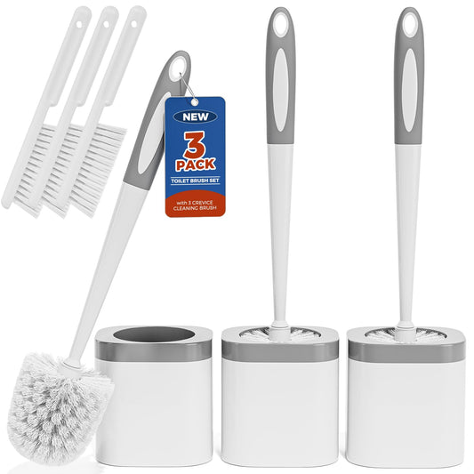 Holaloha 3 Pack Toilet Brush and Holder Set – Bathroom Accessories with Crevice Brushes, Toilet Scrubber Brush (White)