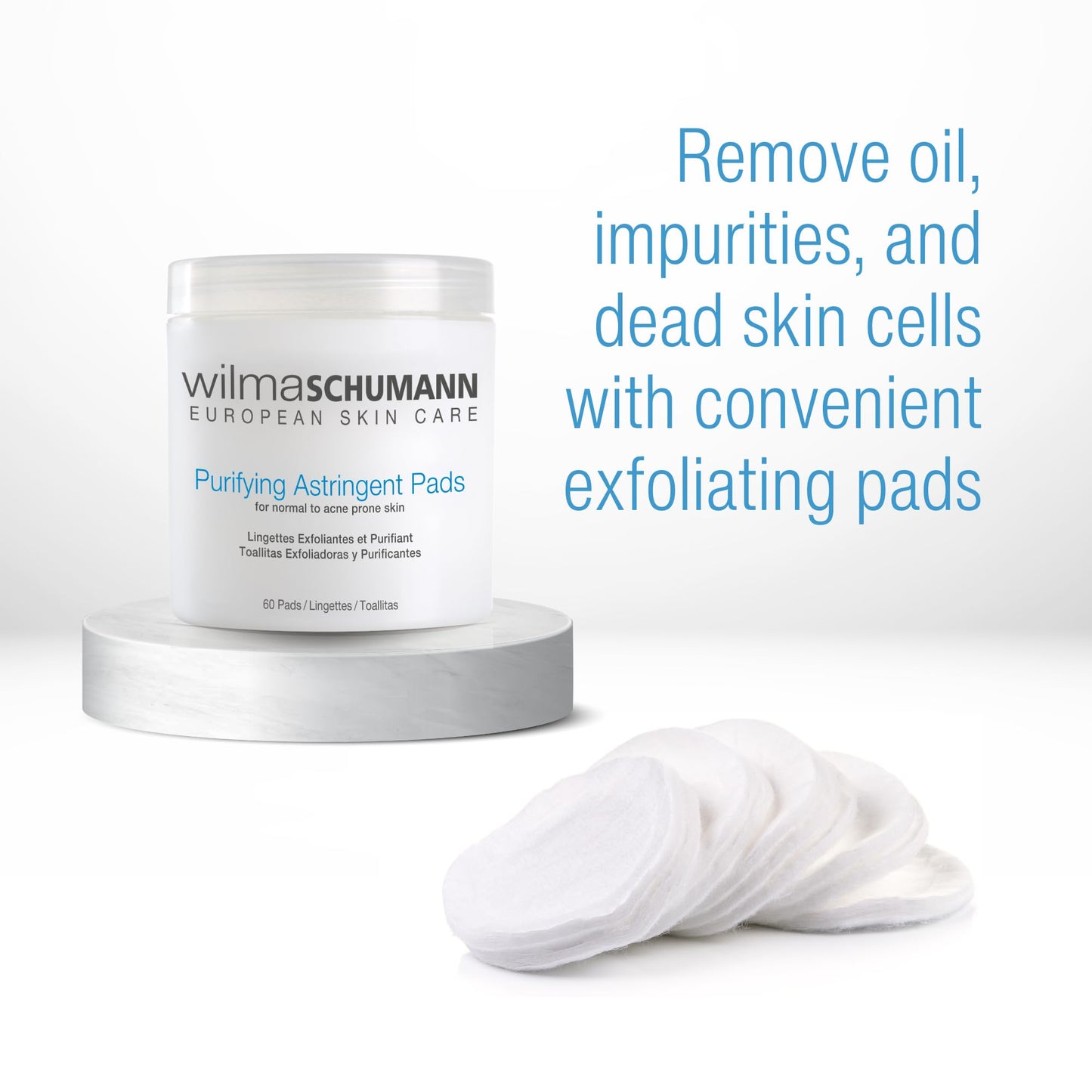 Wilma Schumann Purifying Astringent Pads for Face, Skin Exfoliating Pads with Salicylic Acid, Pack of 60
