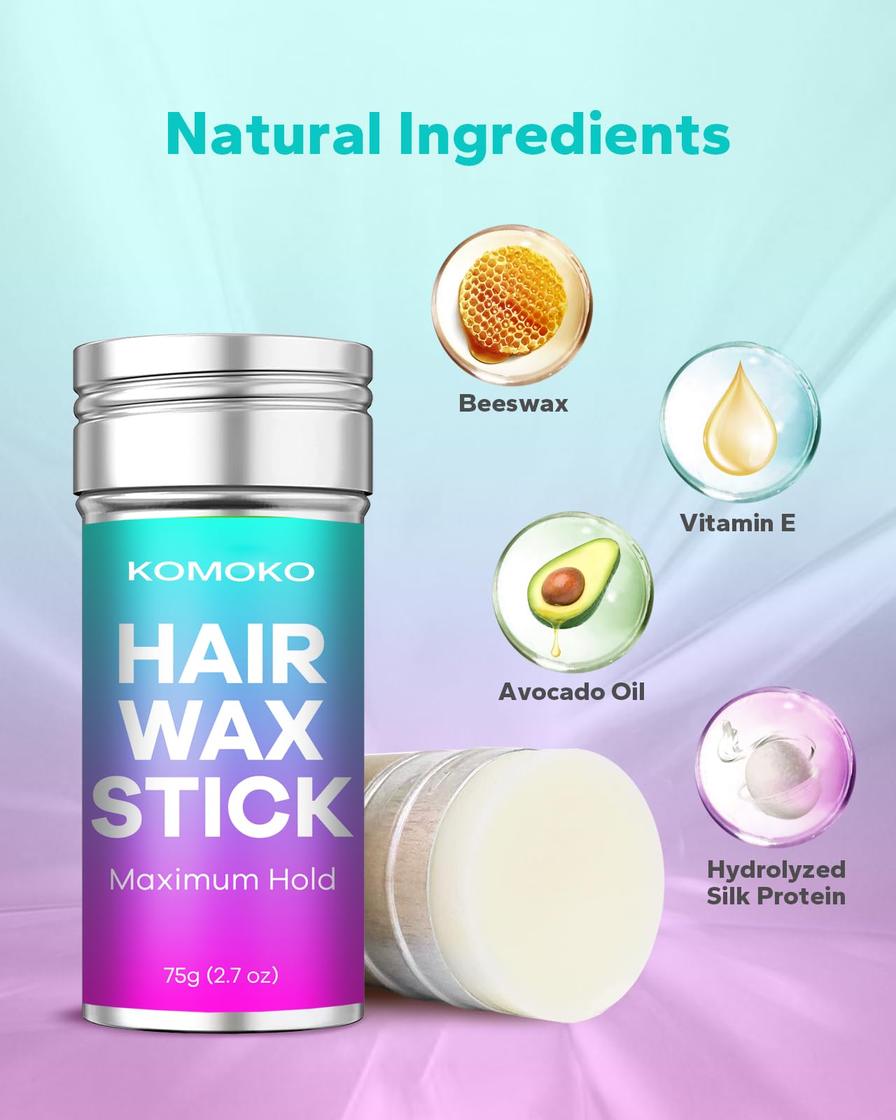 Komoko Hair Wax Stick (2.7 oz), Wax Stick for Hair, Slick Stick for Hair Edge Control, Hair Stick Wax for Flyaways, Frizz Hair, Wigs, Non-Greasy Hair