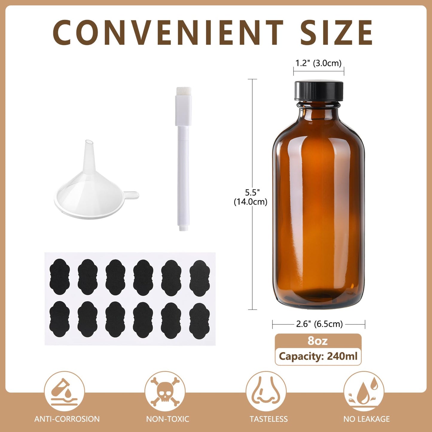 BPFY 12 Pack 8 oz Amber Glass Boston Bottle With Black Poly Cap, Funnel, Chalk Labels, Pen, Dispensing Bottles for Homemade Vanilla Extract, Essential
