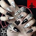 BABALAL 24Pcs Medium Stiletto Fake Nails Black Skull False Nails Punk Full Cover Artificial Halloween Press on Nails Almond Acrylic Nails for Women