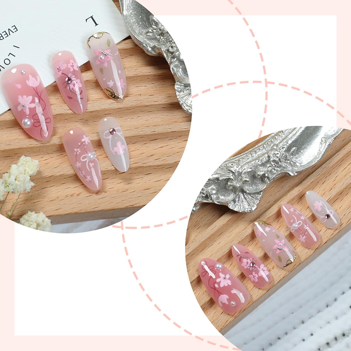 30Pcs Pink Flower Press on Nails Medium Almond Fake Nails Peach Blossom with 3D Rhinestones Pearl Gold Glitter Design Artificial Cute Cat Nails Stick Beauty and Personal Care KRTBKR