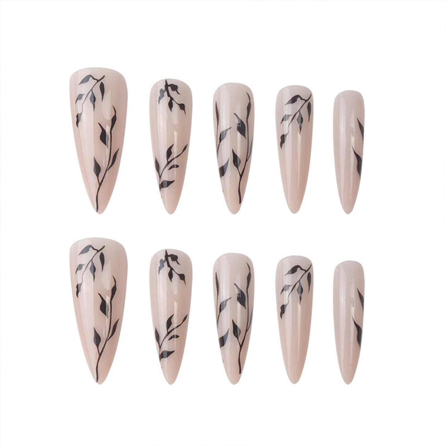 SINHOT Stiletto Press on Nails Extra Long Fake Nails with Glue Glossy False Nails with Black Leaves Designs Full Cover Almond Acrylic Nail 24pcs