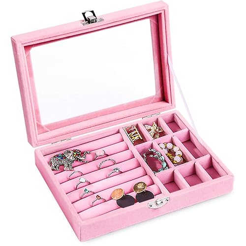 XINHONGJIN Velvet Jewelry Box, Jewelry Box, Watch Storage Box Necklace Ring Earring Storage with Lid, Antioxidant, Adjustable (pink)