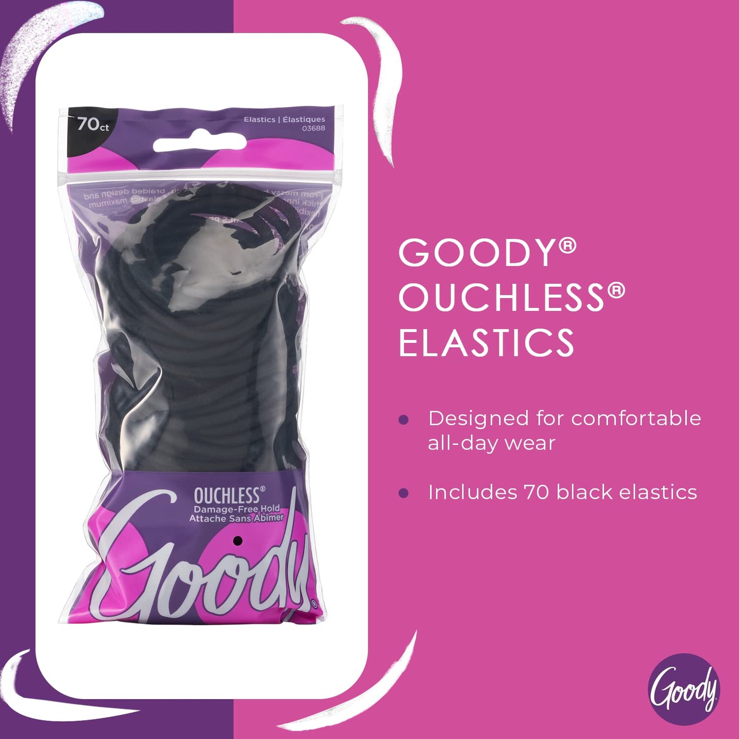 Goody Ouchless Hair Elastics - No Pull, No Breakage, Tangle-Free Hold for Thick, Curly, Coily & Textured Hair - 70 Count, Black, Long-Lasting Ponytail Beauty and Personal Care GOODY