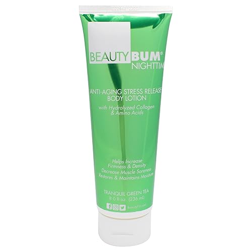 BeautyFit BeautyBum Nighttime Anti-Aging Stress Release Body Lotion - Helps Muscle Recovery - Moisturizes, Smoothes Skin - Tranquil Green Tea - 8 oz