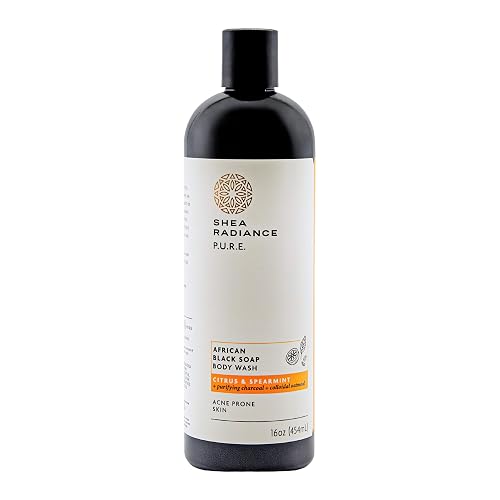 Shea Radiance African Black Soap Body Wash - Dry Skin, Eczema, Rashes, Blemish Cleanser | Citrus Spearmint (16 oz)