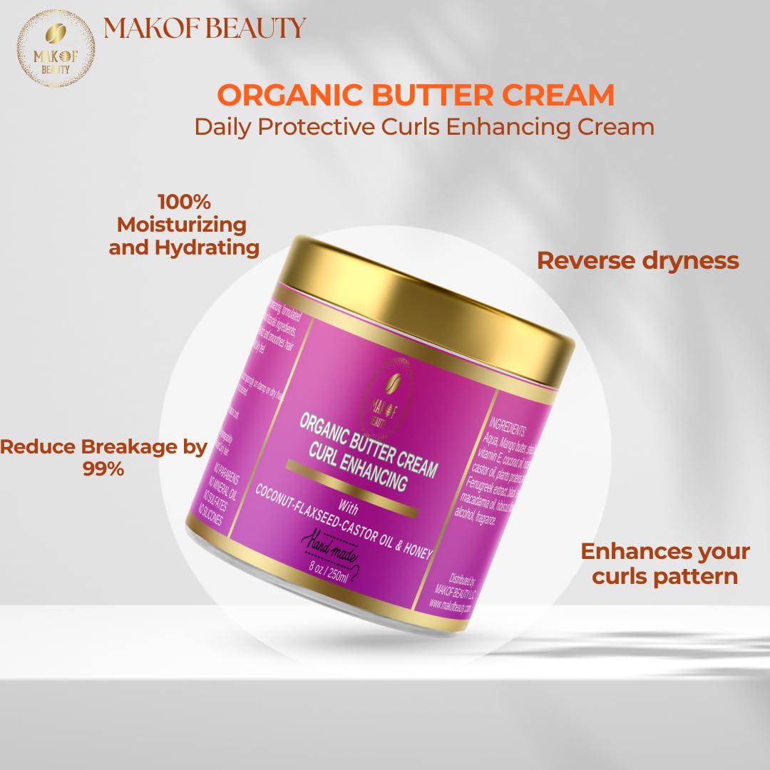 Organic Coconut Curl Enhancing Cream with Flaxseed, Black Castor Oil. Curls Detangler, Moisture-rich, Curl Revival Cream. Anti-Frizz, Defines All Curl