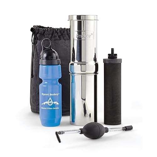 Go Water Filter Kit with 1 Qt. Berkey Gravity Fed Water Filter System, Sport Bottle and Black Primer