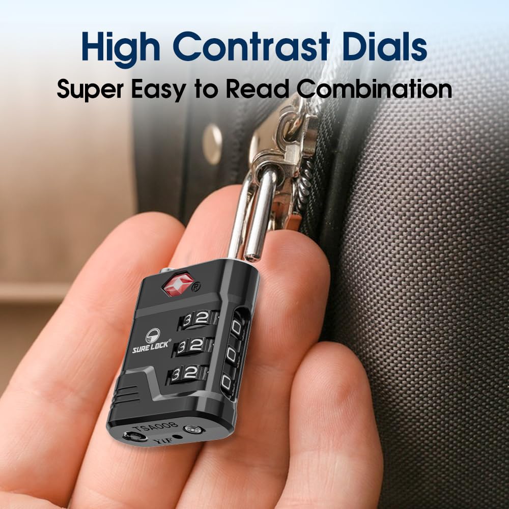 SURE LOCK TSA Approved Luggage Locks 2 Pack – High Security TSA008 with Open Alert, Easy-Read Dials, Zinc Alloy Padlocks for Suitcases & Gym (Black)