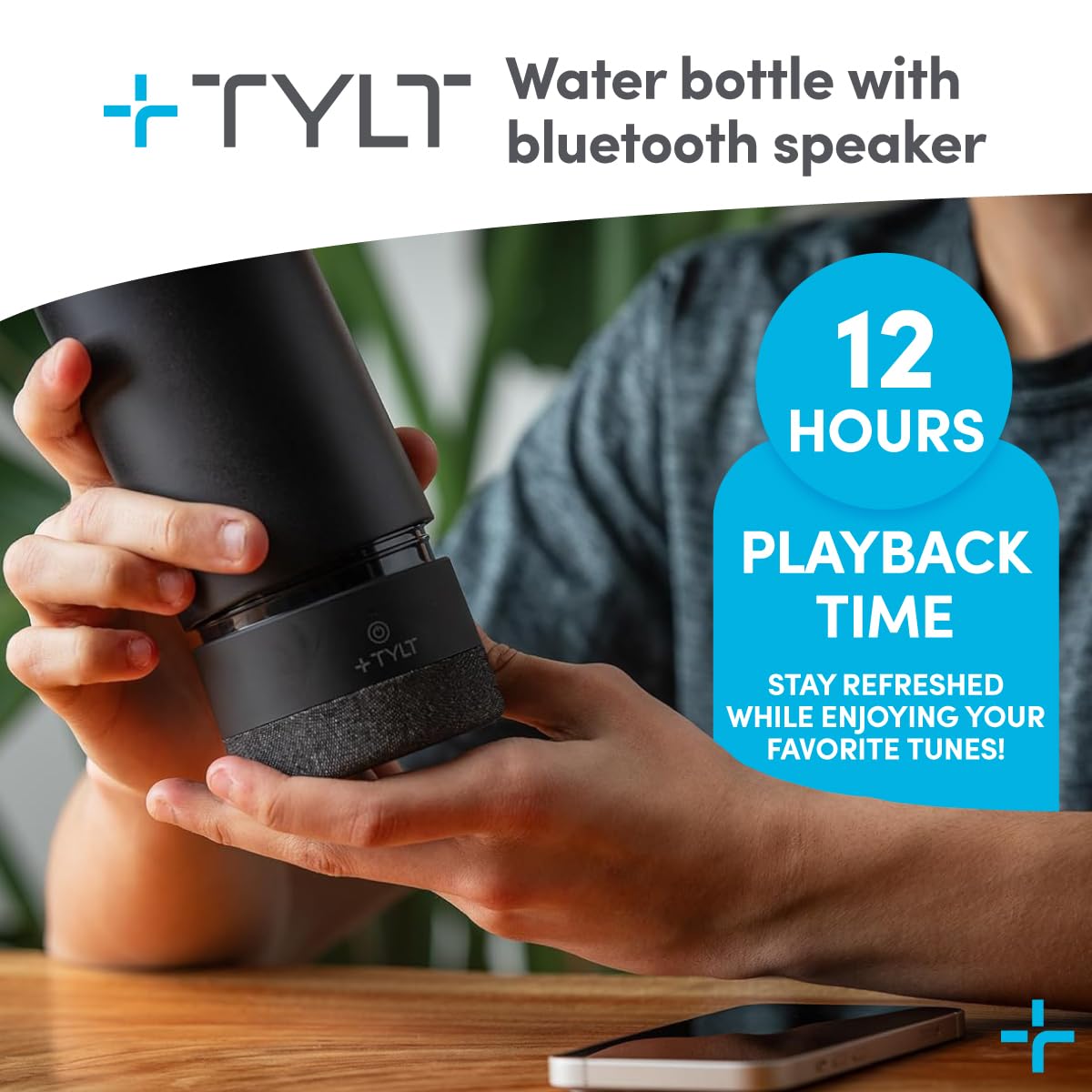 TYLT Smart Water Bottle with Bluetooth Speaker, Wireless Stainless Steel Insulated Travel Tumbler with Flip Straw, Rechargeable, Portable, Double…