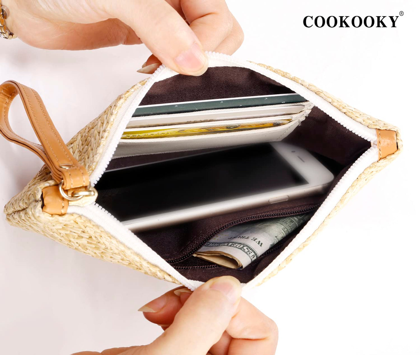 COOKOOKY Women's Straw Clutch Bag Bohemian Zipper Wristlet Summer Beach Sea Purse Wallets (Beige- White)