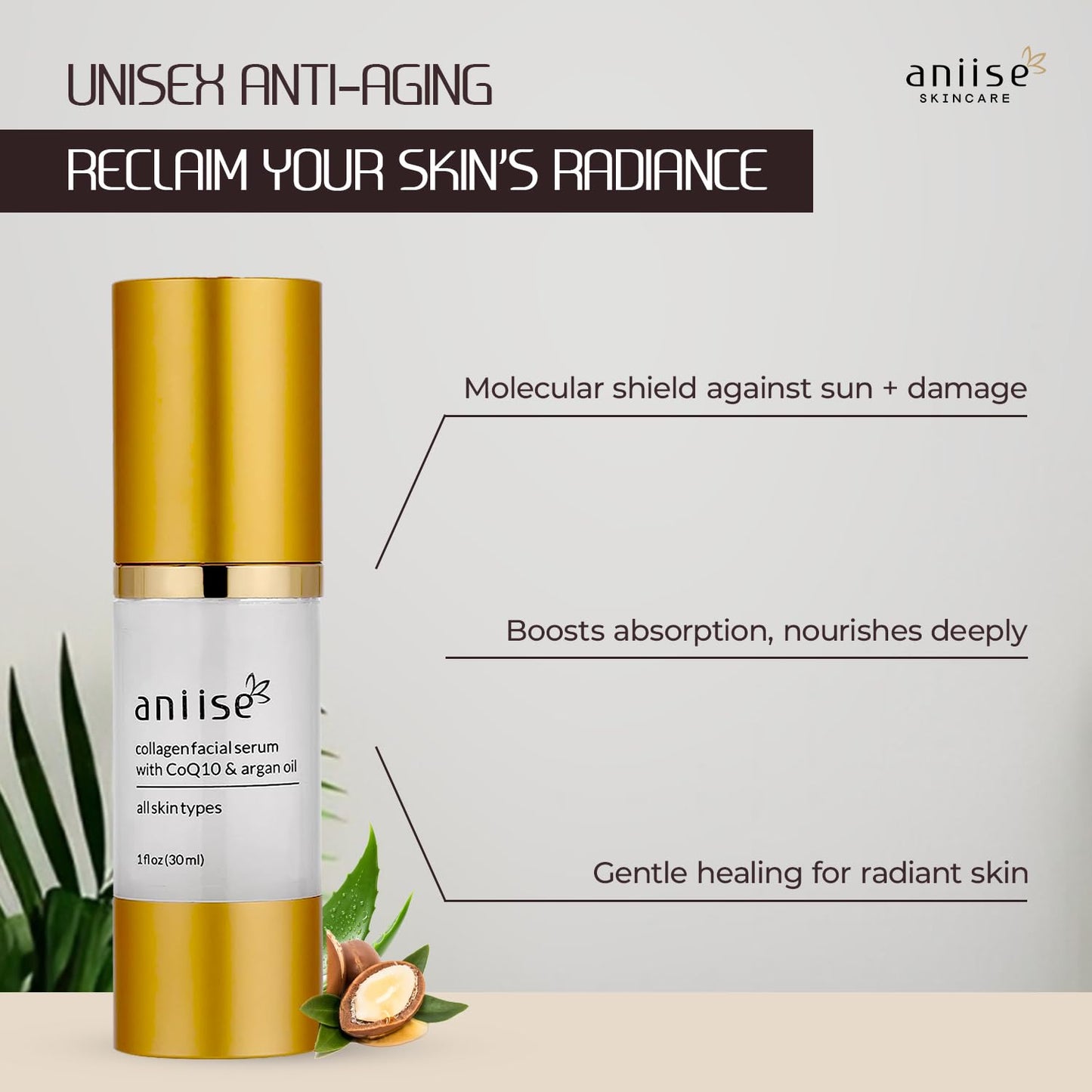 Anti-Aging Collagen Facial Serum with Hyaluronic Acid, CoQ10, Argan Oil, Vitamin C & E - Deeply Hydrates & Moisturizes - Reduces Fine Lines