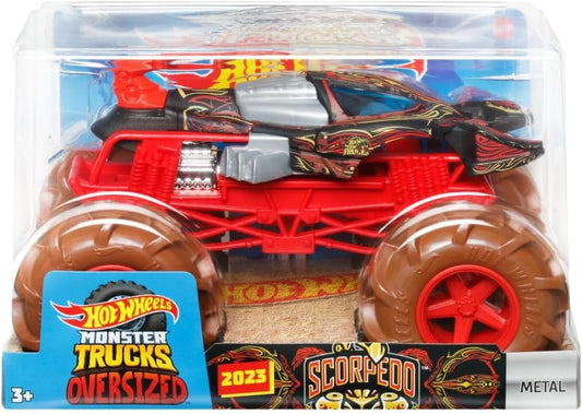 Hot Wheels Monster Trucks Scorpedo 1:24 Scale Die-Cast Vehicle, Red and Black, Giant Wheels, Ages 3-8 Years