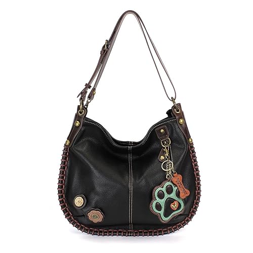 CHALA Crossbody Handbag, Hobo Style, Casual, Soft, Shoulder or Crossbody - Teal Paw - Black