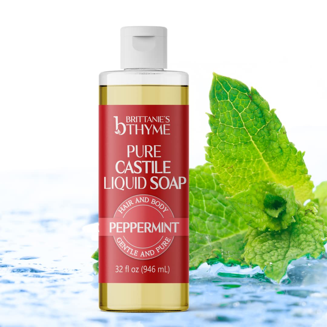 Brittanie’s Pure Castile Liquid Soap Refill, Peppermint, 32 Ounce | Dish Soap, Hair & Body, Home, Gentle and Pure, Made with Natural Luxurious Oils