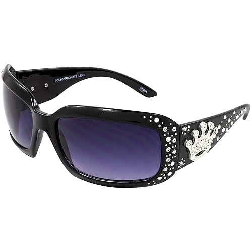 Global Vision Rodeo Queen Gloss Black Western Motorcycle Sunglasses for Women with Bling Rhinestones Smoke Gradient Lenses
