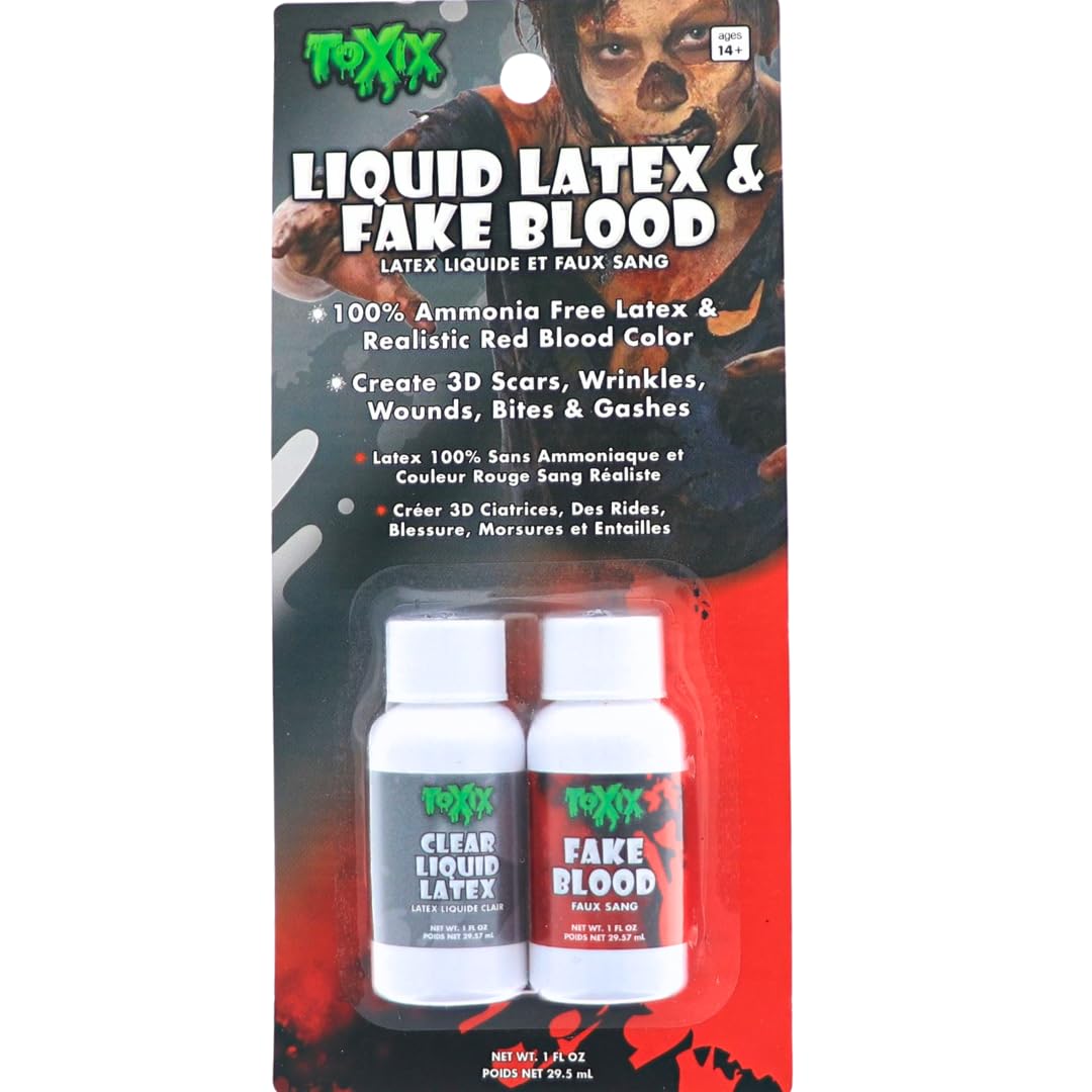 TOXIX Liquid Latex and Fake Blood Kit, 1 fl oz each, Clear Latex and Realistic Red Blood for Special Effects, Halloween Costumes, Scars, Wrinkles