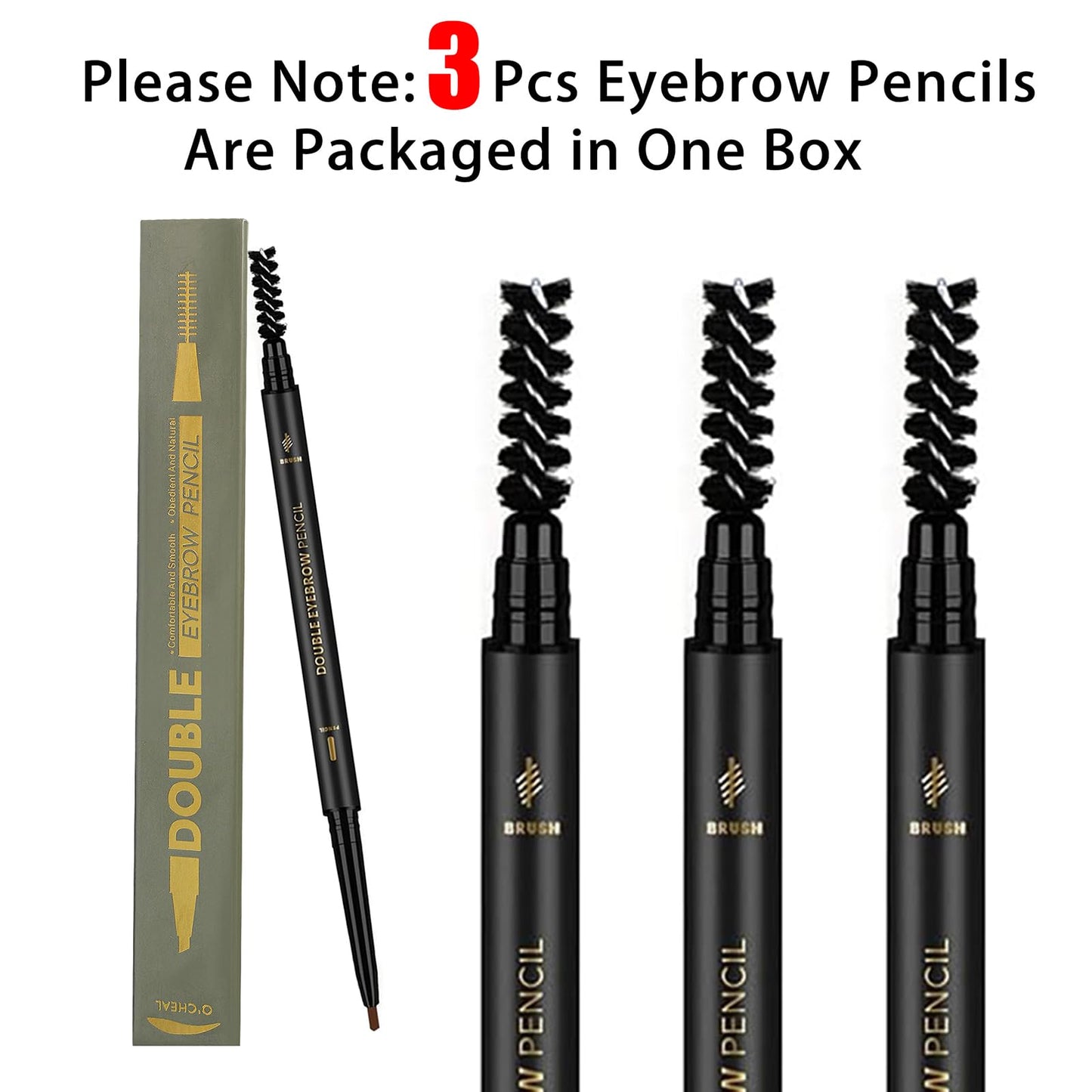 3 Pcs Waterproof Eyebrow Pencil Dark Brown, Premium Eye Brow Pencil Brn with Spoolie Brush, Longwearing for Perfect Brows, Professional, Precision