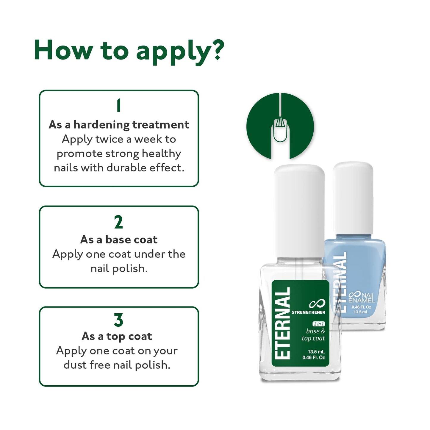 Eternal 2 in 1 Nail Hardener Base Coat Top Coat - 13.5 mL Nails Strengthener with Long Lasting Shine Finish for Strong Nails, Fingernail Polish Wear