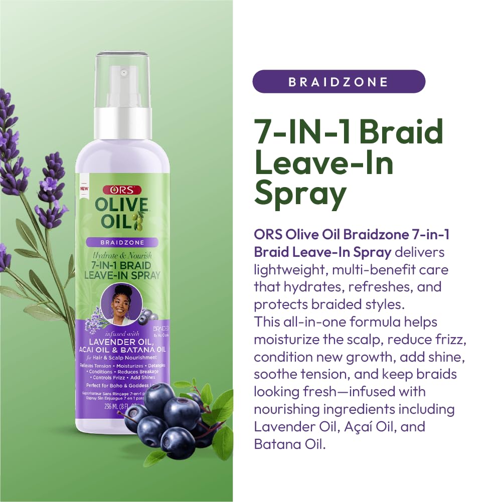 ORS Olive Oil Braidzone 7-In-1 Braid Leave-In Spray with Lavender, Acai & Batana Oil for Hair & Scalp Nourishment 8 Ounces