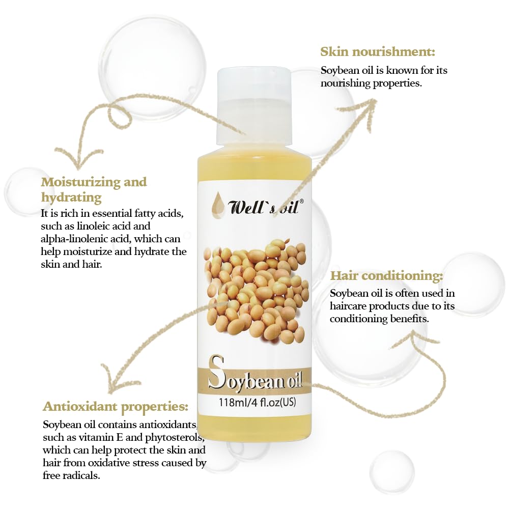 Well's 100% Pure Soybean Oil - Natural Carrier for Hair Growth, Eyelashes, Brows, Skin & Nails Moisturization | Cold Pressed, 4 fl oz