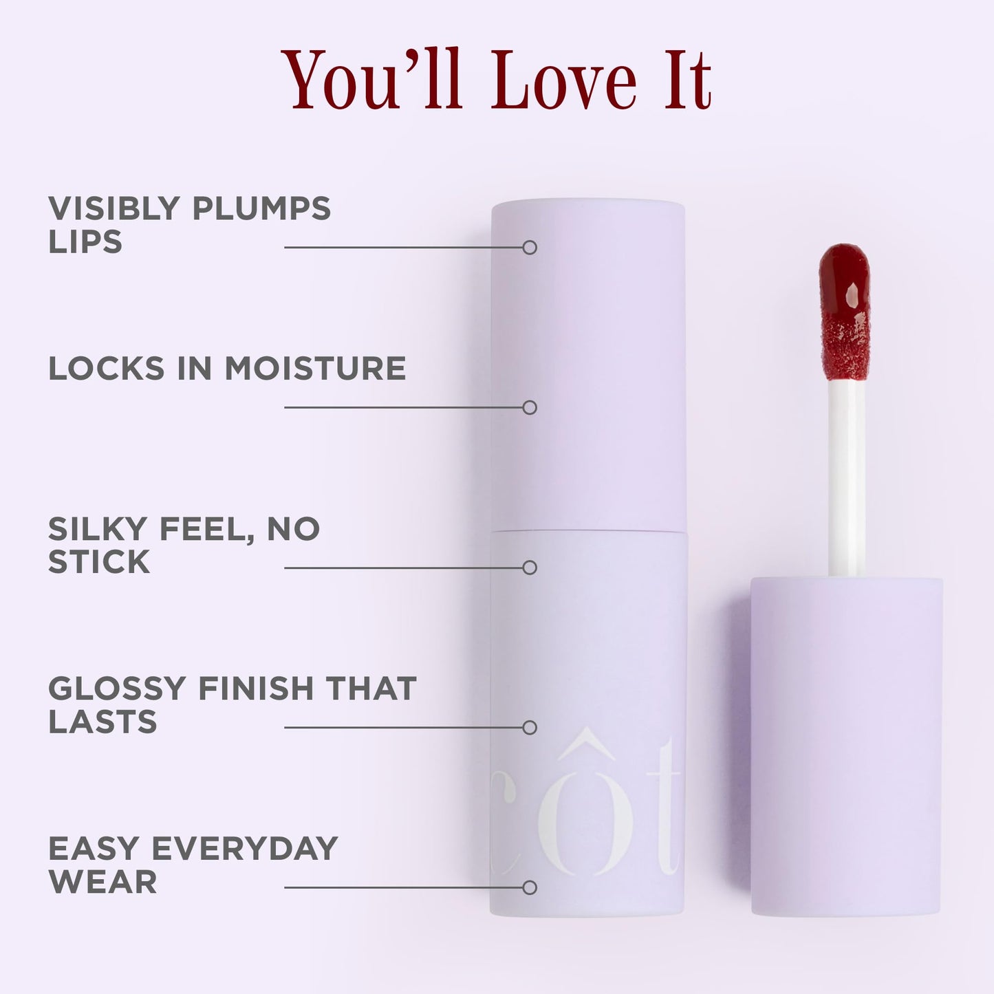 Cote Beauty's Tempted Peptide Lip Shine, Ultra Hydrating & Long-Lasting Warm Berry Plumping Lip Gloss for Women with Hyaluronic Acid, Shea Butter &