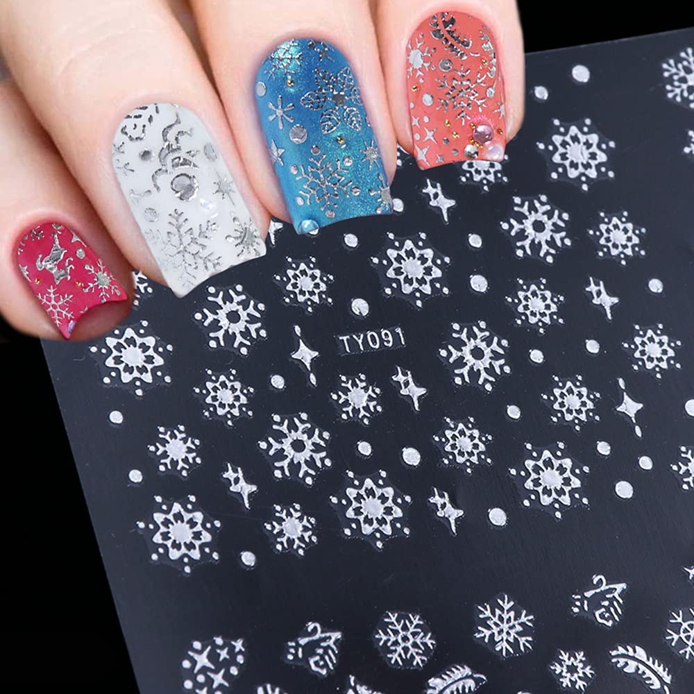 12 Sheets Snowflakes Nail Art Stickers Christmas Nail Decals 3D Self-Adhesive Snowflakes Nail Designs Nails Supplies for Women Girls Nails Tattoos