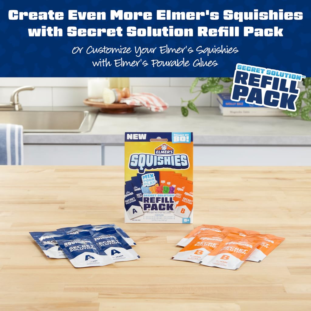 Elmer's Squishies Kids’ DIY Activity Kit, Creates 4 Mystery Characters, 24 Piece Kit, for Ages 6 and Up, Perfect for Stress Relief and Sensory Play