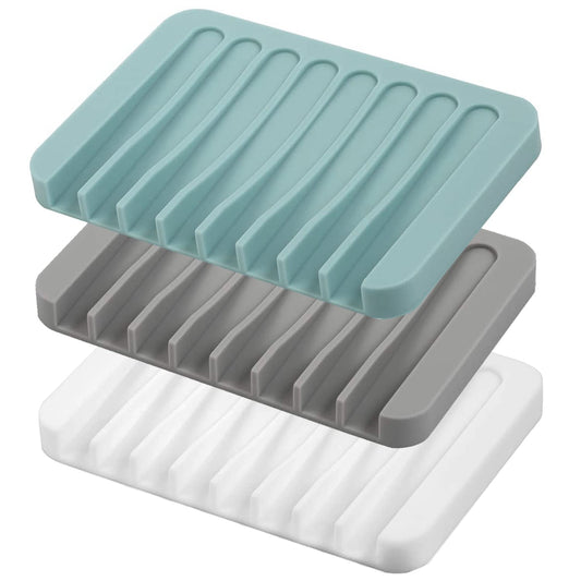 3-Pack Self Draining Soap Dishes – Silicone Waterfall Soap Holders Keep Bars Dry & Clean, Easy to Clean – White, Gray, Teal