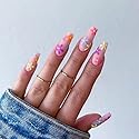 BABALAL Matte Press on Nails Long Coffin Fake Nails Pink Glue on Cute Acrylic False Nails with Flower Design for Women and Girls