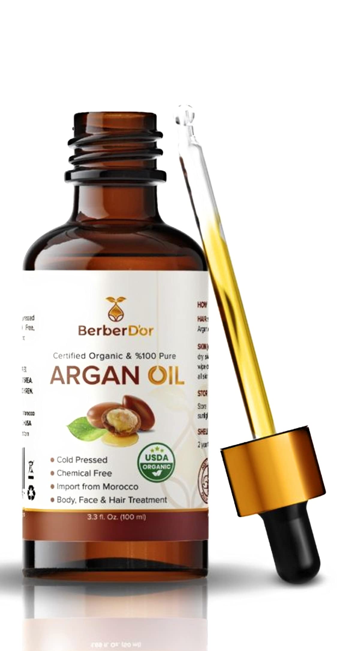 Berber D’Or 100 Pure Natural Organic Argan Oil For Body, Hair, Face, Nails | Eco-Certified, USDA Approved Import From Morocco (3.4 FL OZ 100 ML)