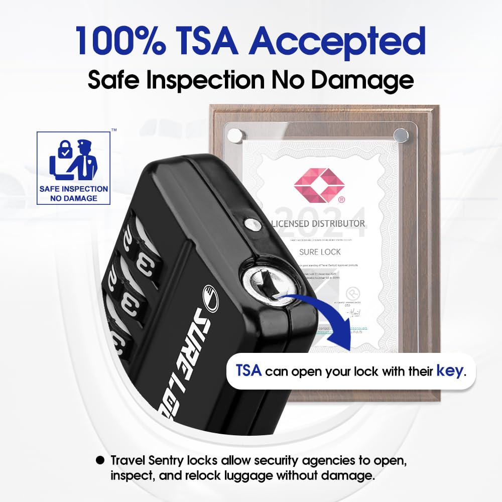 SURE LOCK TSA Approved Luggage Locks 2 Pack – 4-Digit Resettable Combination with Open Alert, Easy-Read Dials for Suitcases, Lockers & Gym (Black)