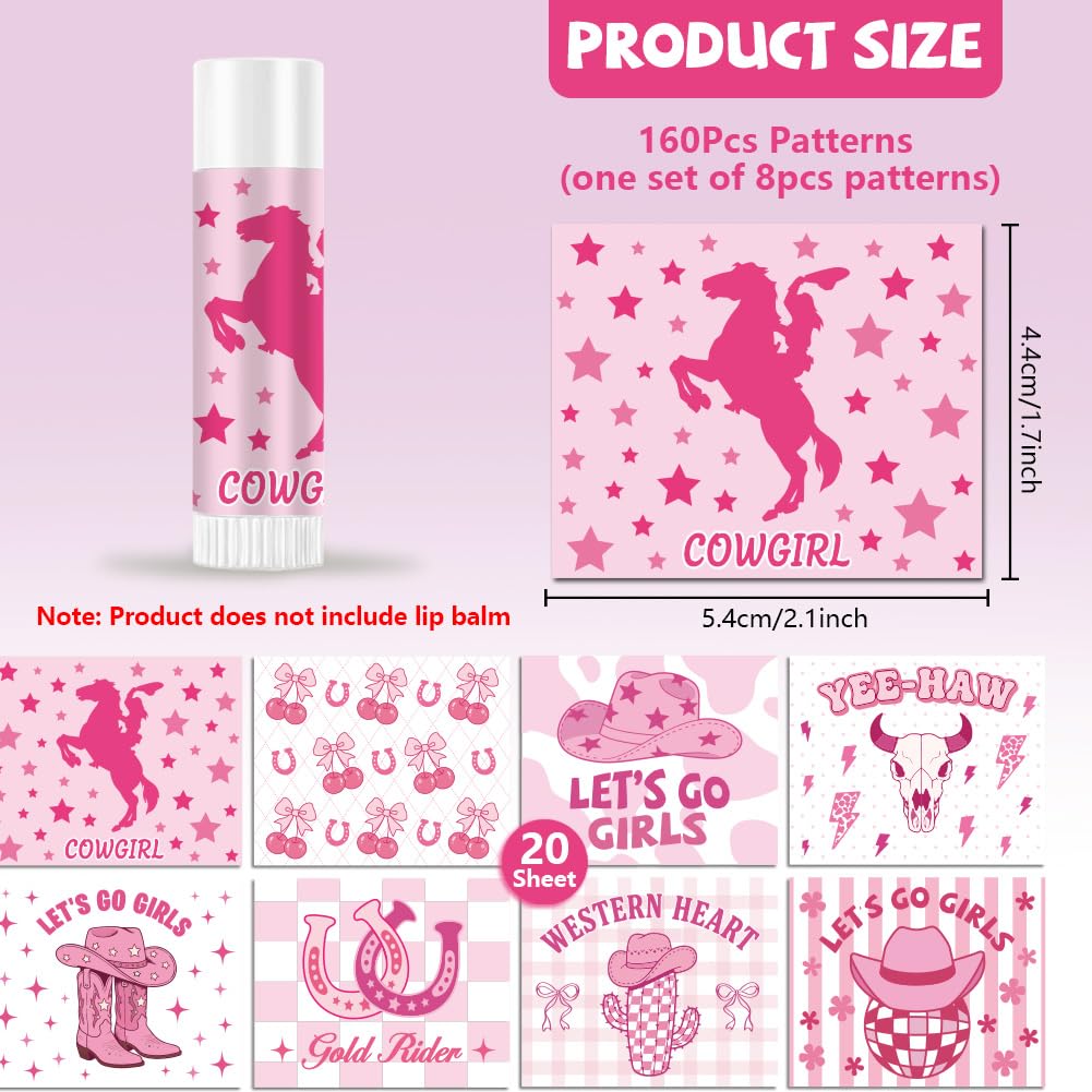 Peacoblue 160Pcs Lip Balm Labels Sticker for Tubes 2.1"x1.7" Western Pink Cowgirl Style, 8 Styles Waterproof Chapstick Labels Glossy for Homemade Lip Beauty and Personal Care peacoblue
