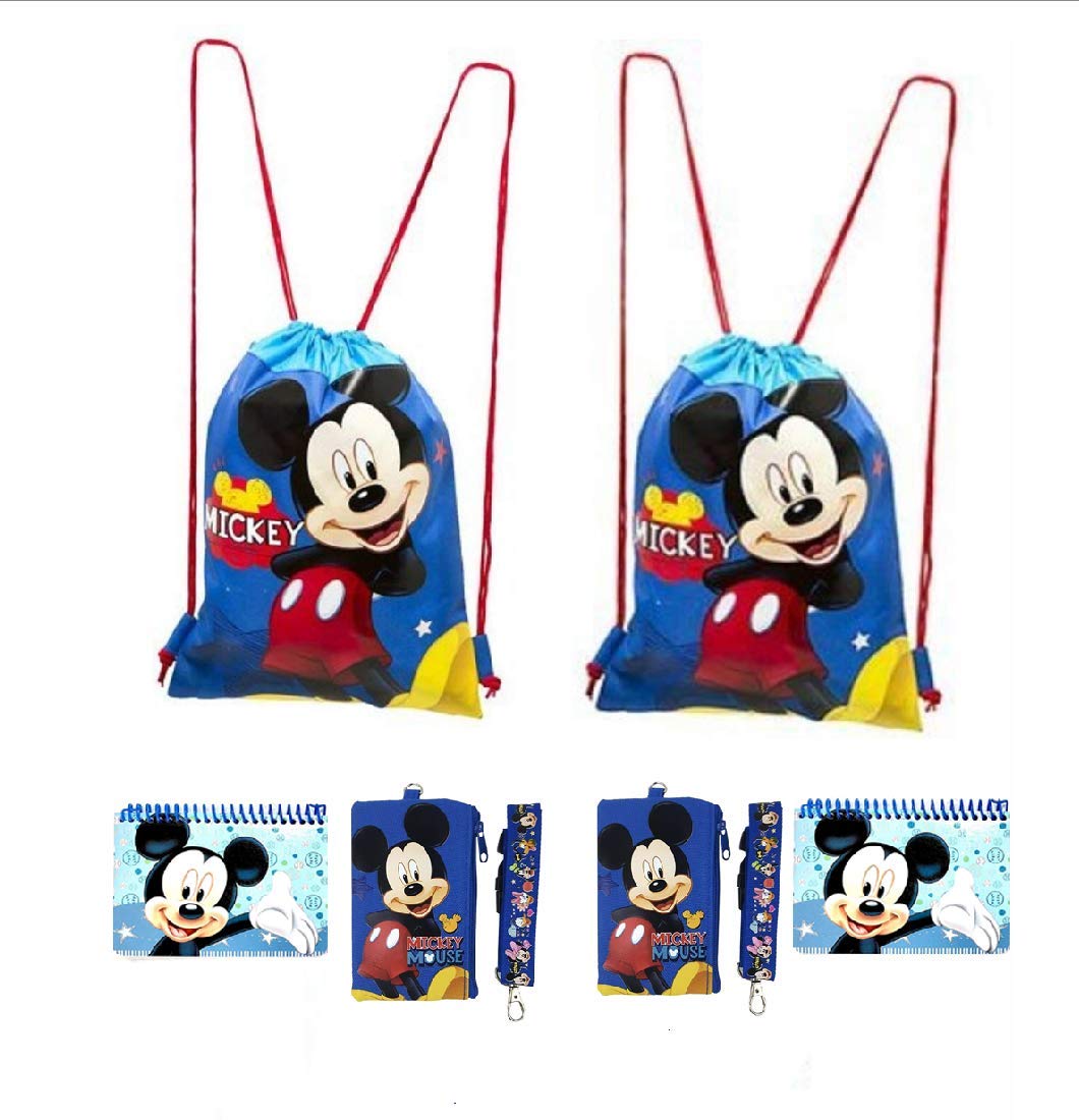 Disney Mickey and Minnie Mouse Drawstring Backpacks Plus Lanyards with Detachable Coin Purse and Autograph Books (Set of 6) (Blue - Blue)