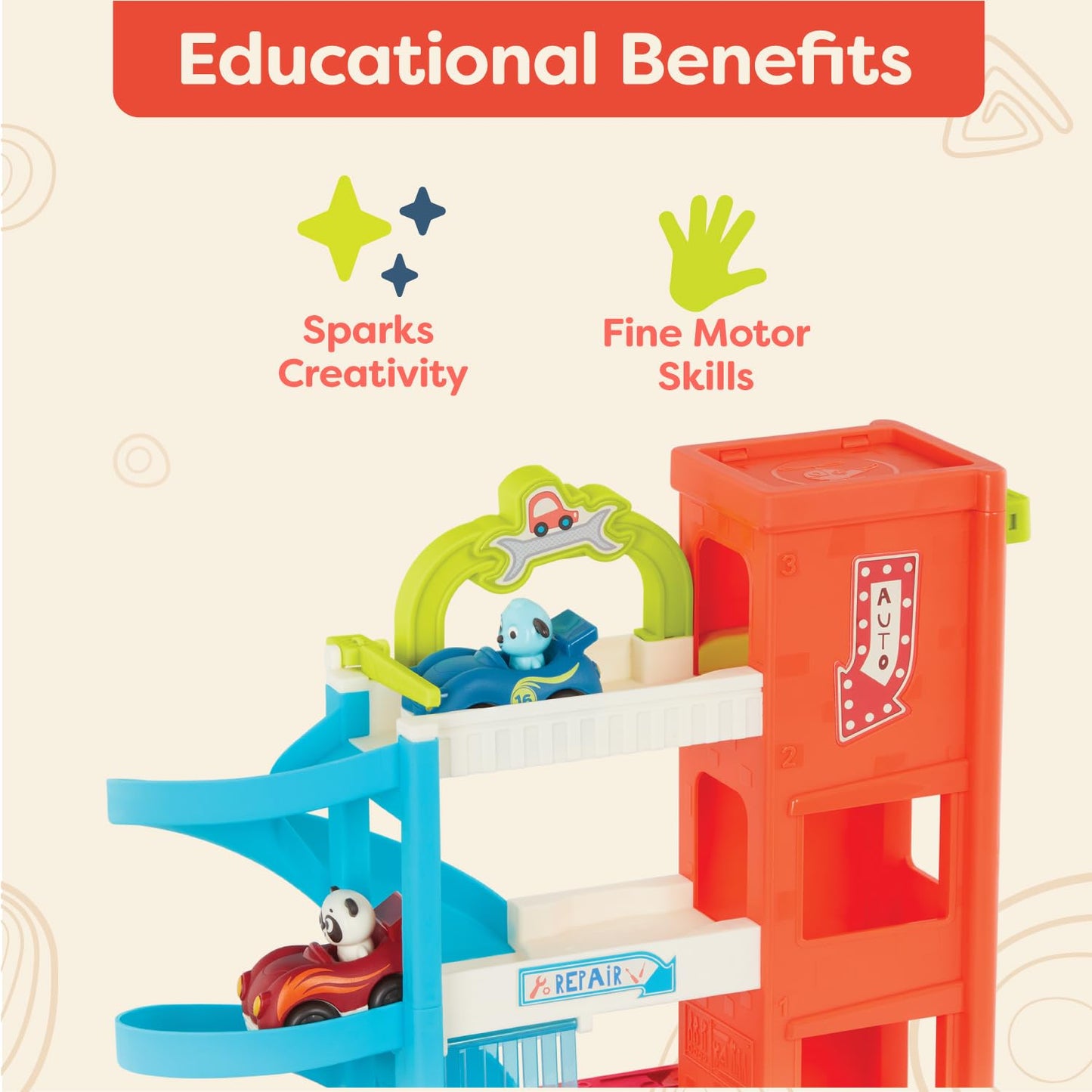 B. toys – Bingo’s Garage – Vehicle Playset Car Garage with Spiral Ramp – Working Elevator with 2 Toy Cars – 3 floor playset – 18+ Months