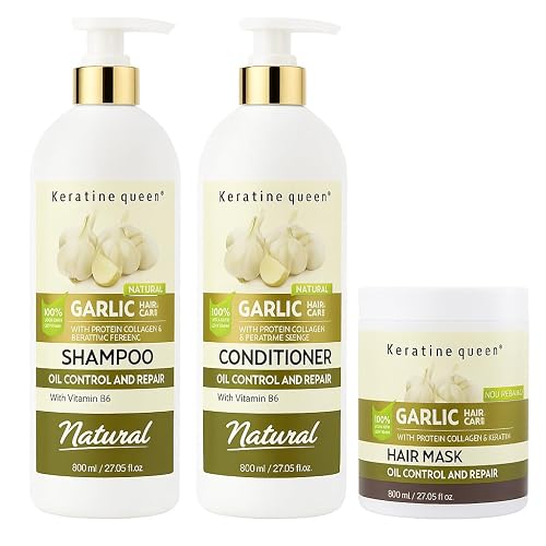STYLE TREE Keratinequeen Garlic Hair Repair Set - Shampoo, Conditioner & Mask with Collagen & Keratin - 3-Piece Sulfate-Free Set for Hair Loss, Oil